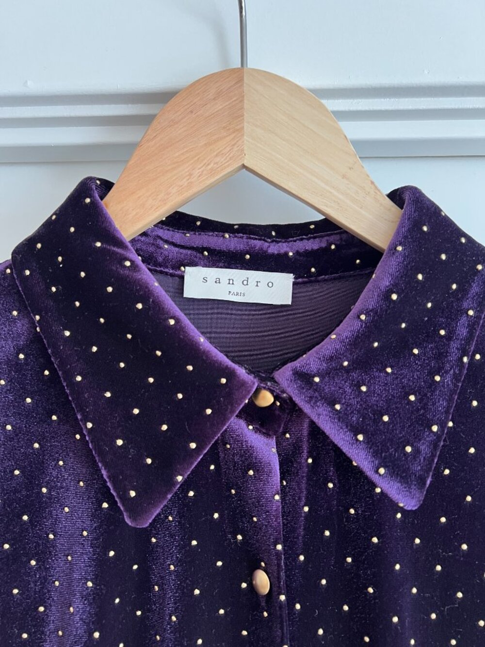 Sandro Paris Purple Velvet Midi Dress Gold Polka Dot XS/S Wedding Guest - Picture 4 of 14